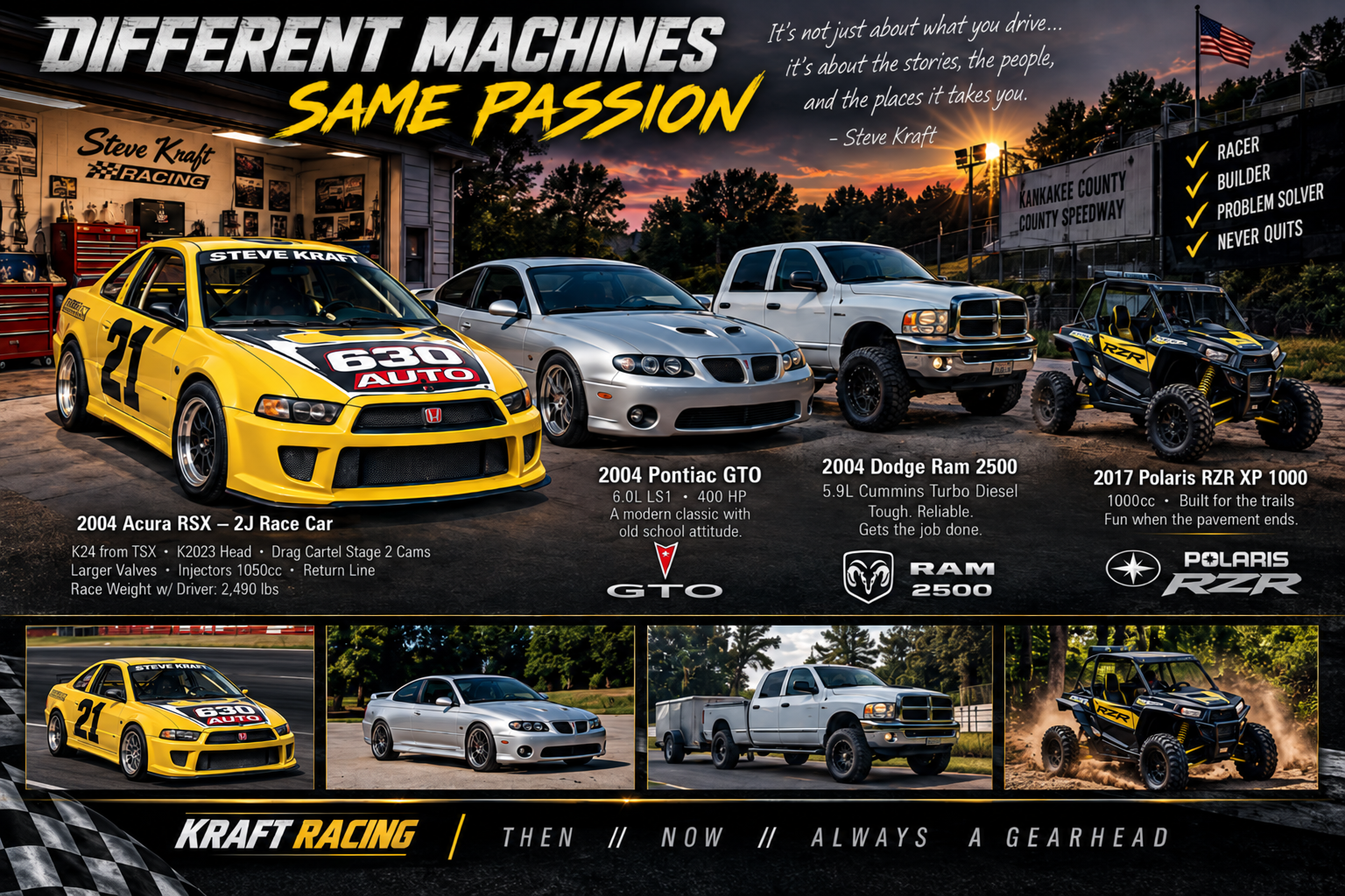 Steve Kraft current garage: 2004 Acura RSX 2J race car, 2004 Pontiac GTO, 2004 Dodge Ram 2500, and 2017 Polaris RZR XP 1000