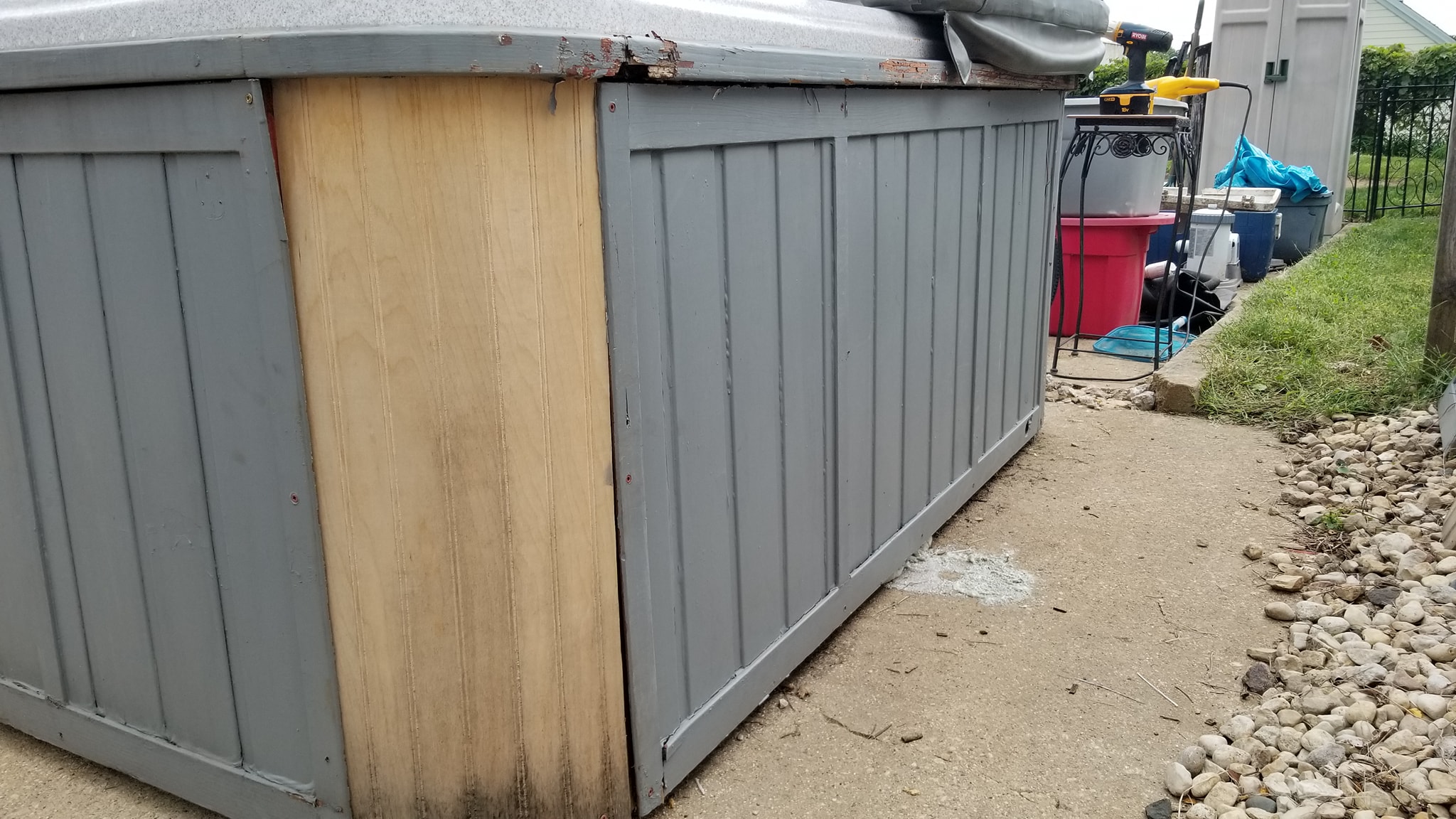Hot tub cabinet reassembled after foam work